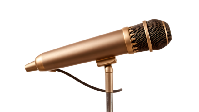 A golden microphone on a stand against a black background in a studio setting for recording