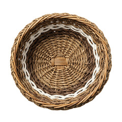 Fototapeta premium woven wicker basket with natural fibers, handcrafted rattan or bamboo weaving texture, rustic eco-friendly storage container isolated on transparent background PNG