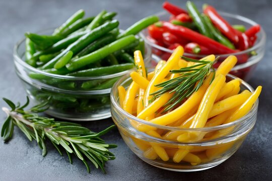 Preserved green beans, yellow beans and red peppers with rosemary in glass bowls