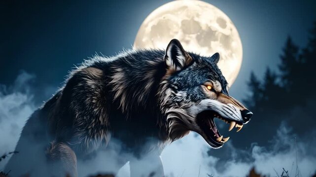 Fierce wolf under full moon