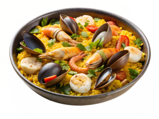 A delicious paella isolated on transparent background, a traditional spanish rice dish with seafood, saffron, and vegetables, a flavorful and satisfying meal
