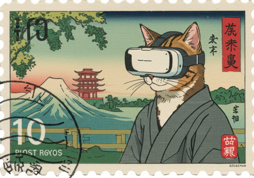 A whimsical japanese woodblock print style illustration of a tabby cat wearing virtual reality goggles with mount fuji in the background isolated on transparent background