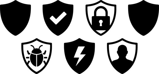 A collection of seven shield icons displaying various security and protection concepts in black and white