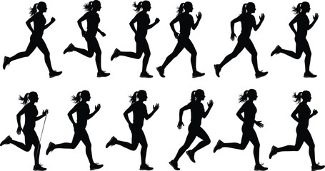 Running silhouette vector set showing dynamic human motion in multiple stages for sports, animation, training, lifestyle, and design themes