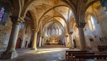 Fototapeta premium Ancient church interior, sunlight
