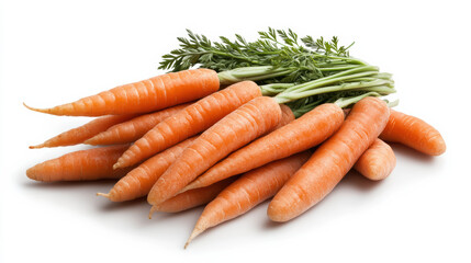 Fresh carrots with green tops stacked neatly, showcasing vibrant orange color and healthy
