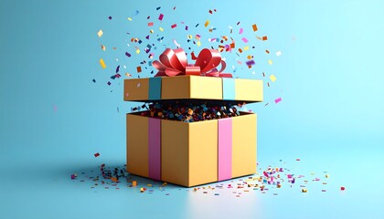 Gift box with ribbon and confetti against a blue background for celebrations