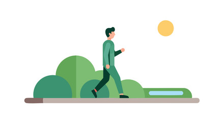 Illustrated flat design of a man walking in a park on a sunny day, conveying tranquility and outdoor activities promoting well being and relaxation