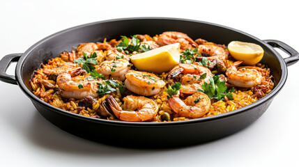 Delicious gourmet paella with shrimp, rice, and fresh herbs garnished with lemon slices