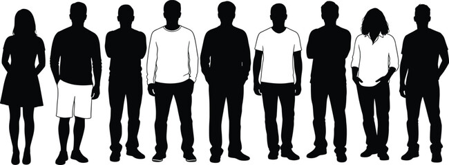 Standing people silhouette vector set showcasing diverse clothing styles, body shapes, and postures for lifestyle, fashion, and design themes