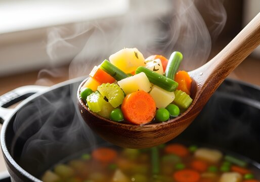 Hot vegetable broth with carrots, potatoes, broccoli, and red bell peppers.