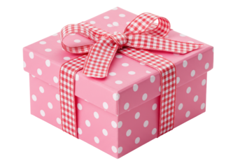 Isolated Pink Polka Dot Gift Box with Gingham Ribbon Bow on White Background