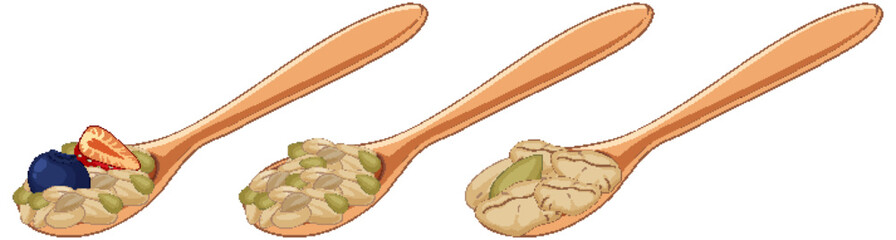Wooden Spoons with Oatmeal and Fruit Toppings