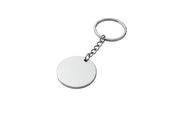 Isolated Blank Silver Keychain with Round Metal Tag on White Background