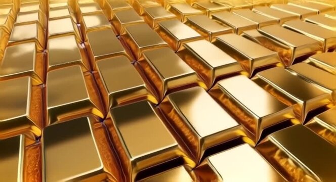 Golden Stack Dynamic Camera Movement Alongside Pile of Gold Bars, Gold Bars Background 