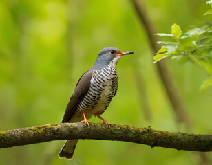 A cuckoo bird calling in a sunlit forest during springtime in Europe, Common cuckoo song, European bird call, Cuculus canorus singing.