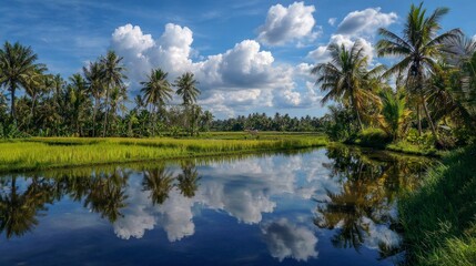 Tranquil rice field reflecting clouds
