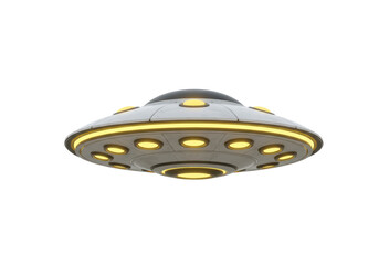Isolated 3D Render of a Classic Flying Saucer UFO with Yellow Lights on White Background