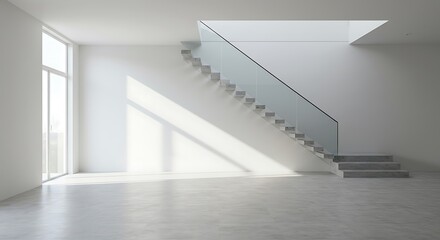 Obraz premium Empty square room with White stairs with Glass railing on wall