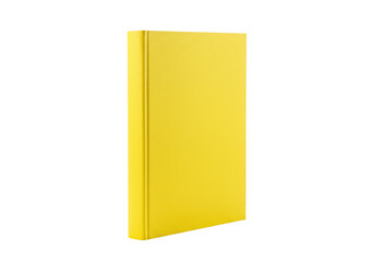 A closed yellow hardcover book with a textured spine, isolated on a transparent background