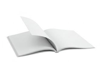 An open book with blank white pages turning, isolated on a transparent background