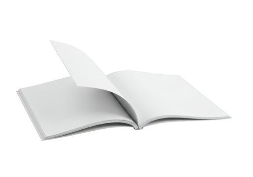 An open book with blank white pages turning, isolated on a transparent background