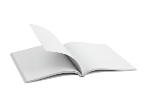 An open book with blank white pages turning, isolated on a transparent background