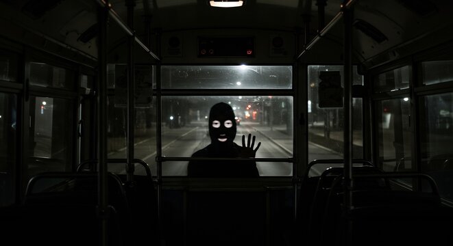 Dark bus interior silhouetted person wearing a mask facing forward hands on the window