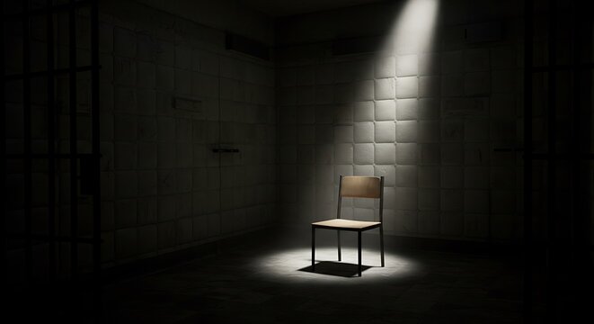 A dark dirty white padded cell in a mental hospital with an empty chair in the corner lit by a single spotlight