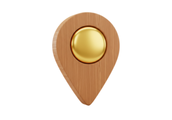 Isolated Wooden Map Pin with a Shiny Gold Center Marker
