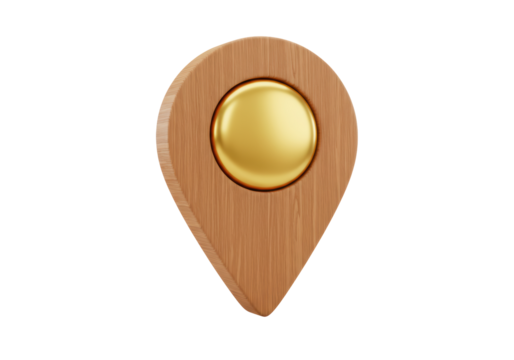 Isolated Wooden Map Pin with a Shiny Gold Center Marker