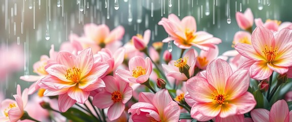 Obraz premium Softly falling rain on blooming spring flowers, vibrant watercolor wash, petals, flowers