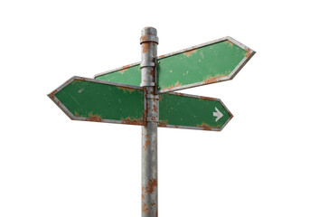 Isolated Old Rusty Road Signpost with Three Blank Green Arrow Signs © PICSPRO