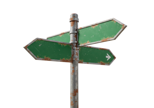Isolated Old Rusty Road Signpost with Three Blank Green Arrow Signs