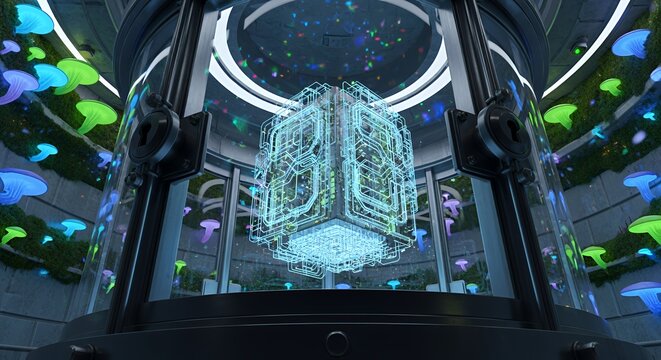 Bio-luminescent Fungi and Digital Cube in Futuristic Chamber
