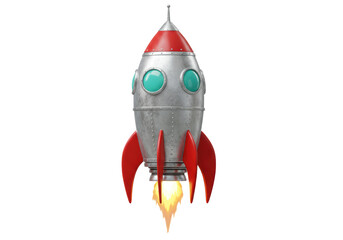 Isolated Vintage Tin Toy Rocket Ship Launching with Fire Exhaust © PICSPRO
