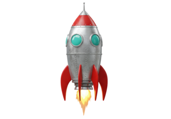 Isolated Vintage Tin Toy Rocket Ship Launching with Fire Exhaust