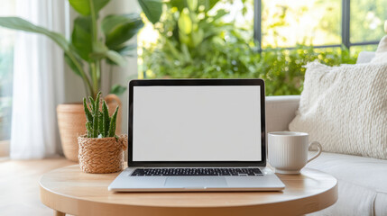 Fototapeta premium Cozy living room scene featuring laptop on wooden table, surrounded by greenery and cup