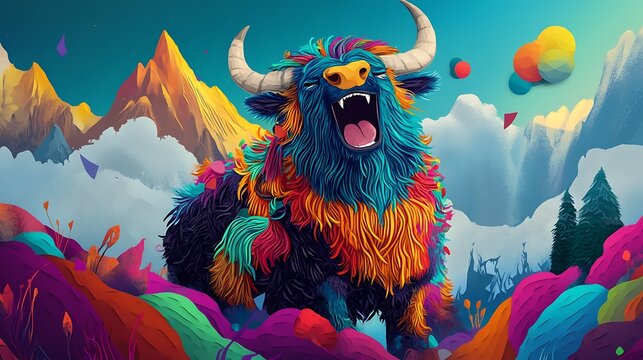 Colorful yak illustration with mountain background