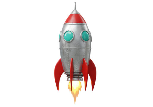 Isolated Vintage Tin Toy Rocket Ship Launching with Fire Exhaust
