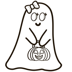 Halloween set with outlines of elements and characters. Group of object. Ghost, horror, celebration, witch, spider ,cemetery, skull, pumpkin, cauldron, for coloring pictures.	