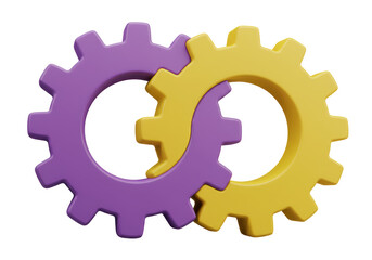Isolated Interlocked Yellow and Purple Gears Representing Collaboration