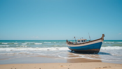 Fototapeta premium Coastal Serenity with a Stranded Fishing Boat on a Sunny Beach, Gentle Waves, and Clear Blue Skies Captured in Nautical Photography for Maritime Lifestyle, Ocean Travel, 8K image 