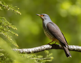 A cuckoo bird calling in a sunlit forest during springtime in Europe, Common cuckoo song, European bird call, Cuculus canorus singing. A beautiful black and white bird.
