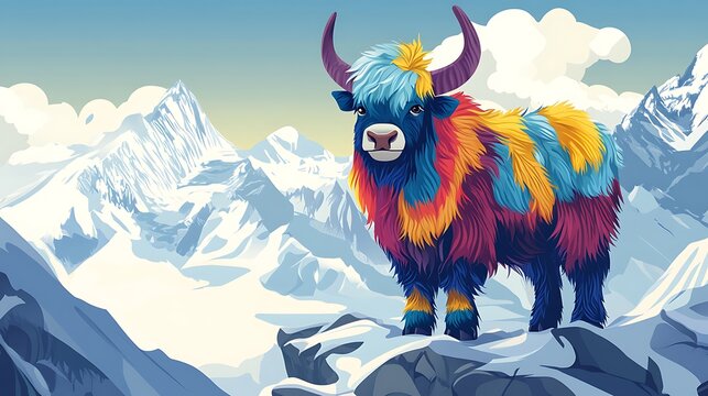 Colorful yak on snowy mountain