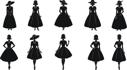 Vintage woman silhouettes, elegant fashion poses, retro dress styles, classic female figures in black, isolated vector set, stylish lady collection