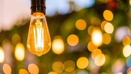 Warm light bulb against blurred holiday lights