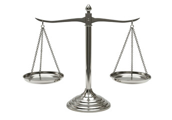 A silver antique balance scale with two empty pans isolated on transparent background