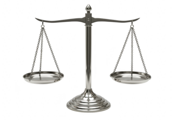 A silver antique balance scale with two empty pans isolated on transparent background