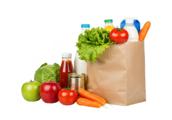 A collection of fresh groceries including apples, tomatoes, carrots, lettuce, milk, juice, and canned goods in a brown paper bag, isolated on transparent background
